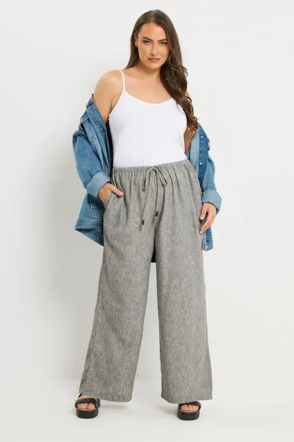 Yours Plus Size Grey Linen Look Wide Leg Trousers Size 26-28