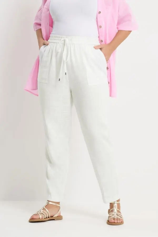 Yours Plus Size White Tapered Linen Joggers Size 30-32