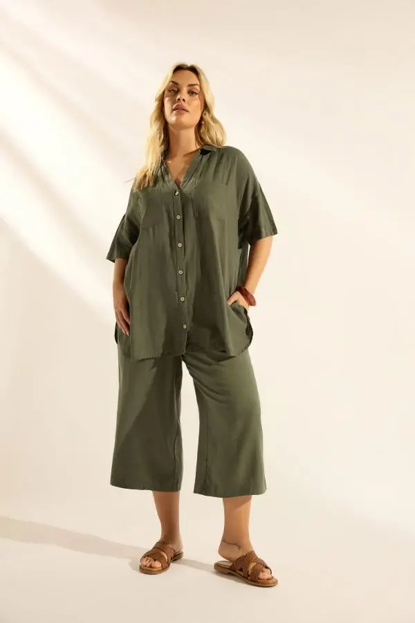 Yours Plus Size Olive Green Cropped Linen Trousers Size 22-24