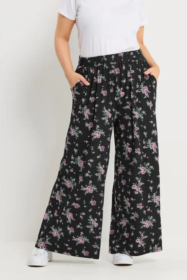 Yours Plus Size Black Floral Jersey Wide Leg Trousers Size Regular > 34-36