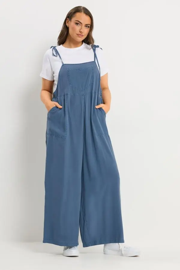 Yours Plus Size Blue Chambray Wide Leg Dungarees Size 38-40