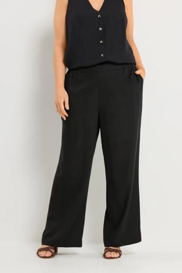 Yours Plus Size Black Linen Wide Leg Trousers Size Regular > 34-36