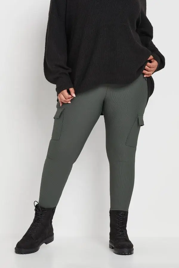 Yours Plus Size Charcoal Grey Ribbed Cargo Leggings Size 34-36