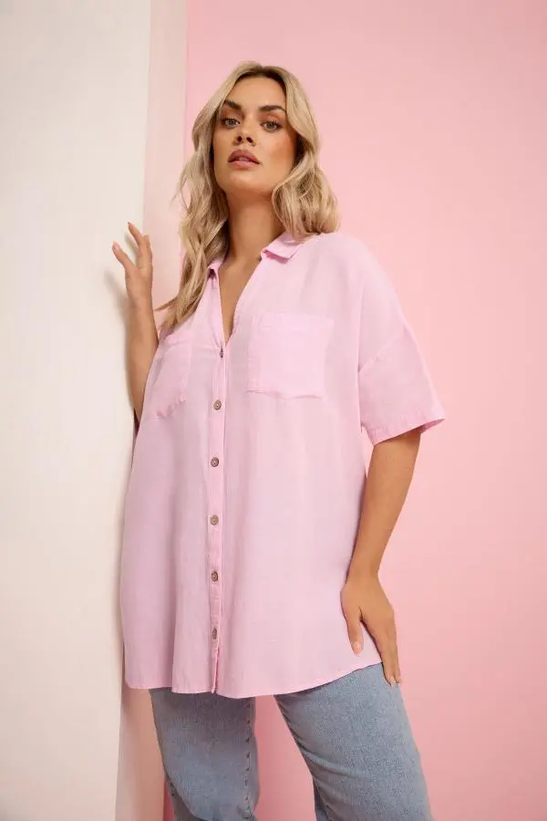 Yours Plus Size Pink Short Sleeve Linen Shirt Size 16