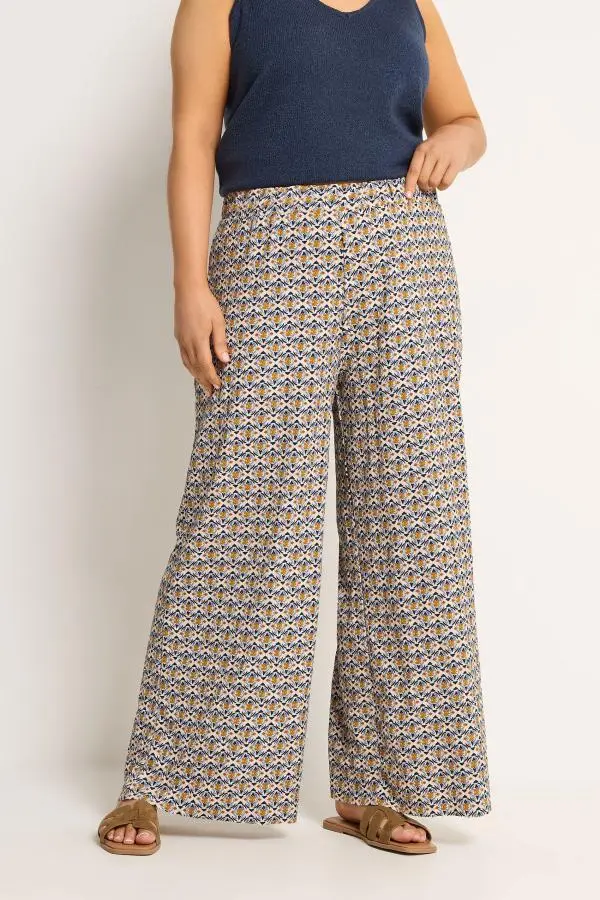 Yours Plus Size Natural Brown Geometric Textured Wide Leg Trousers Size 30-32