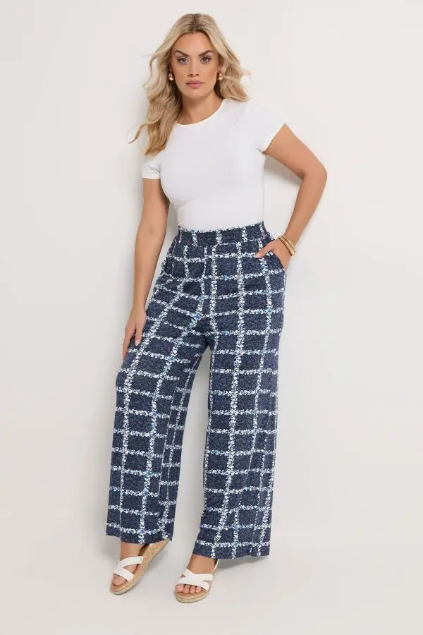 Yours Plus Size Navy Blue Floral Check Trousers Size 30-32