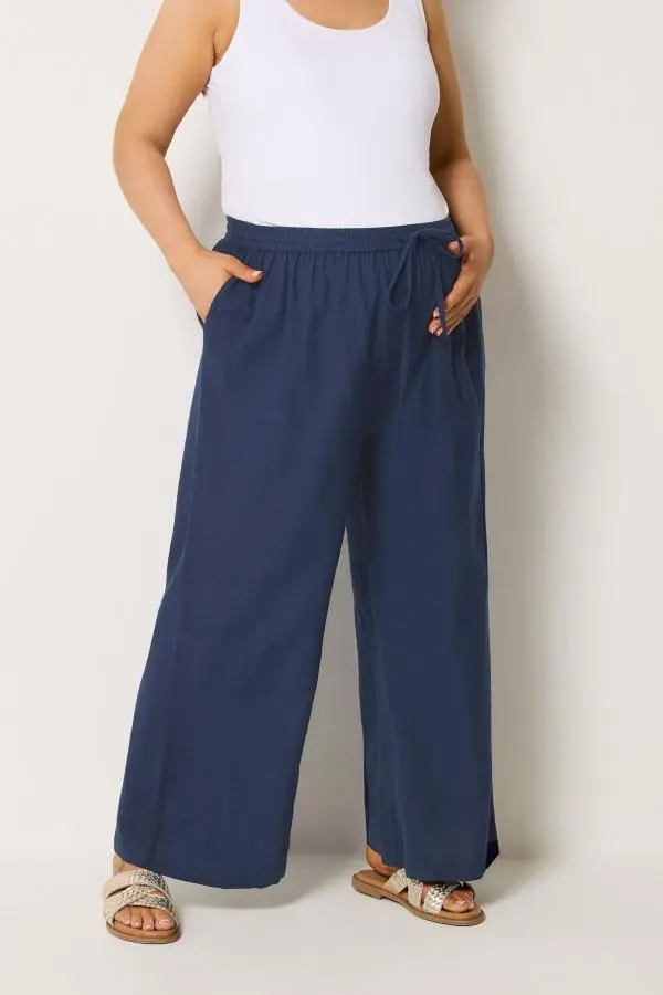 Bump It Up Maternity Plus Size Navy Blue Wide Leg Linen Trousers Size 16