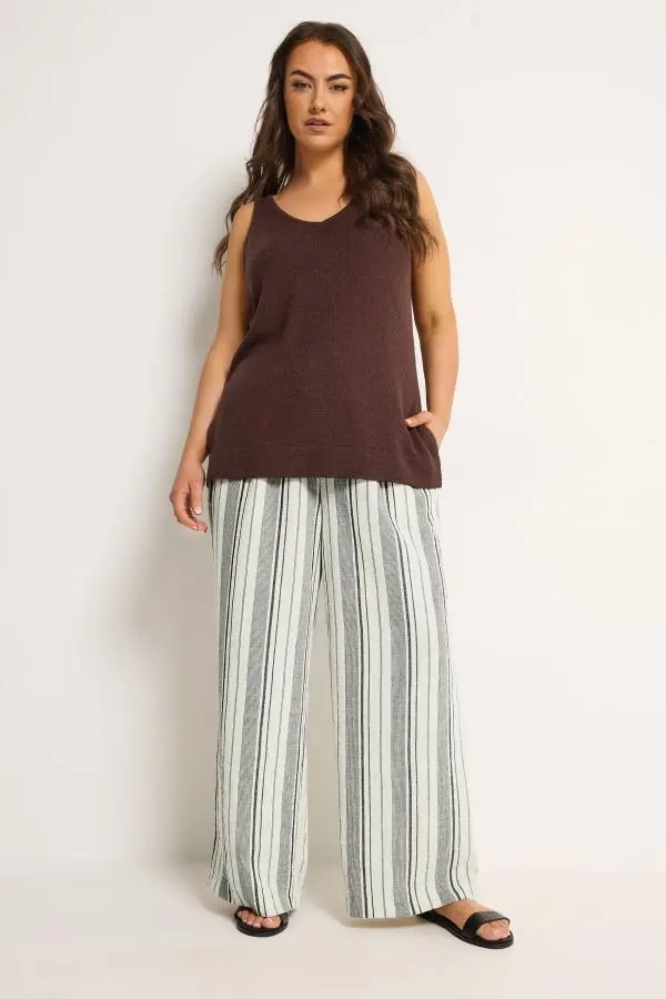 Yours Plus Size Natural Brown Stripe Linen Look Trousers Size 18