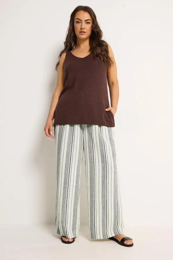 Yours Plus Size Natural Brown Stripe Linen Look Trousers Size Regular > 34-36