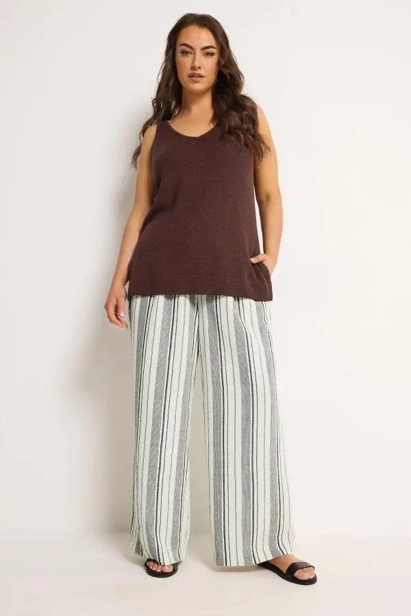 Yours Plus Size Natural Brown Stripe Linen Look Trousers Size Regular > 34-36