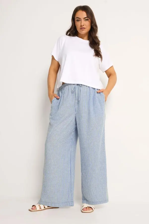 Yours Plus Size Blue Stripe Linen Look Trousers Size Short > 26-28