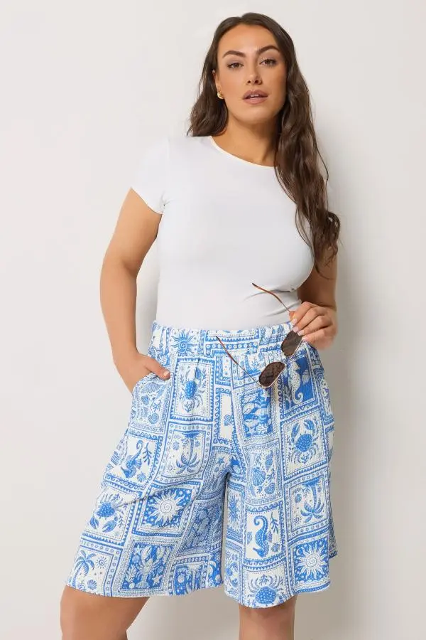 Yours Plus Size Blue Shell Print Textured Shorts Size 34-36