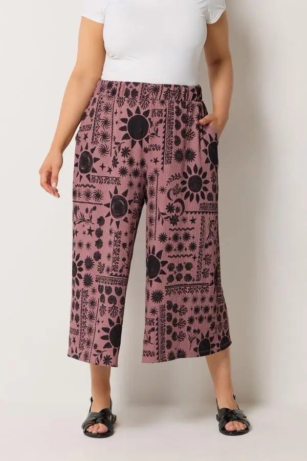 Yours Plus Size Pink Celestial Textured Culottes Size 30-32