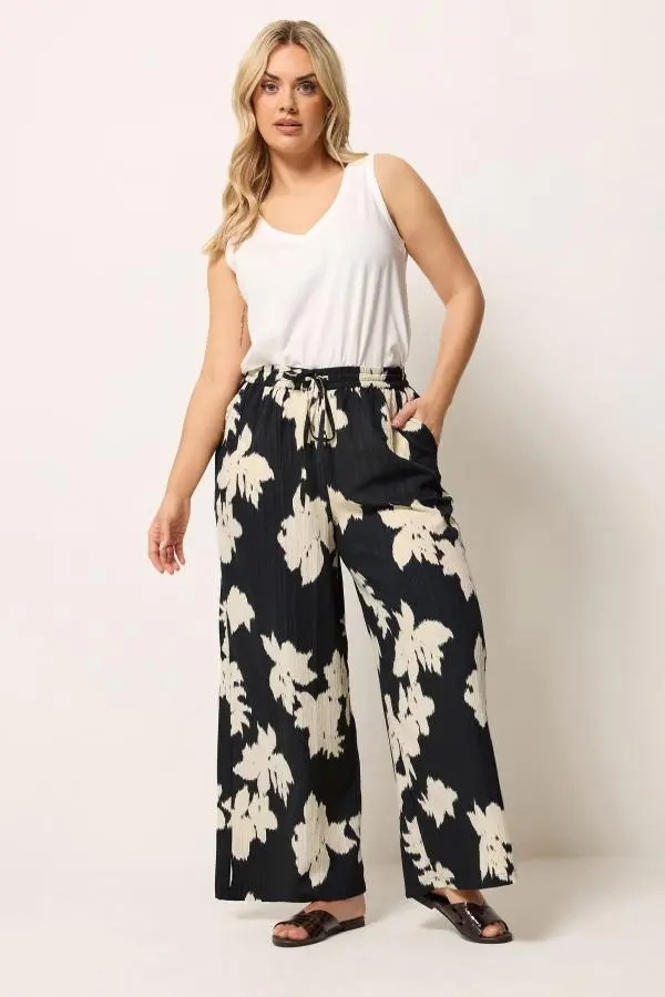 Yours Plus Size Black Floral Textured Wide Leg Trousers Size 22-24