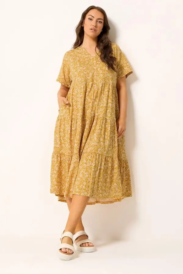 Yours Plus Size Gold Floral Tiered Maxi Dress Size 34-36