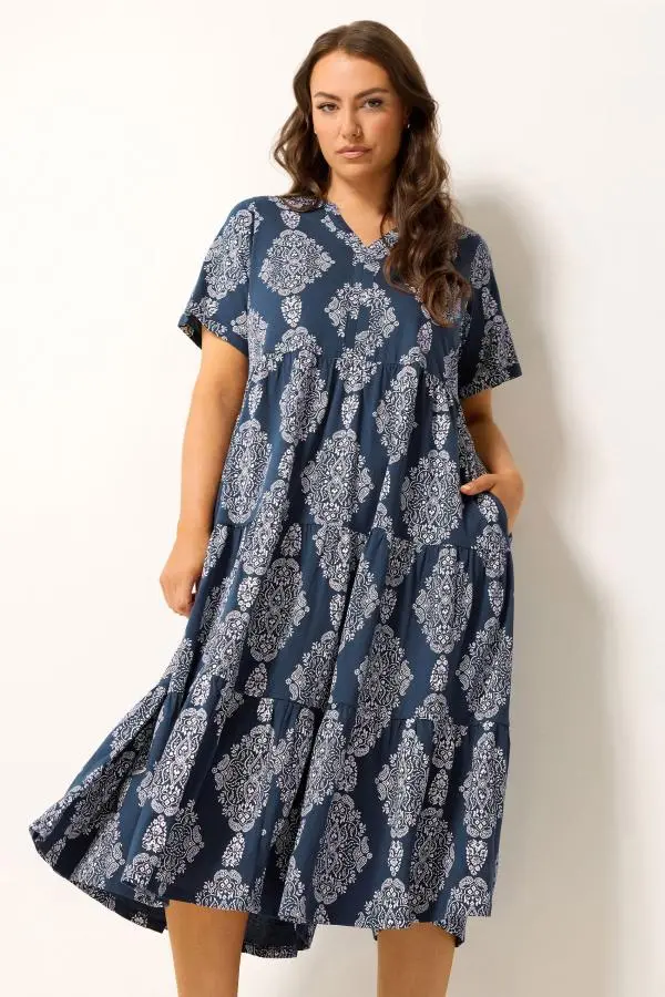 Yours Plus Size Navy Blue Paisley Tiered Maxi Dress Size 38-40