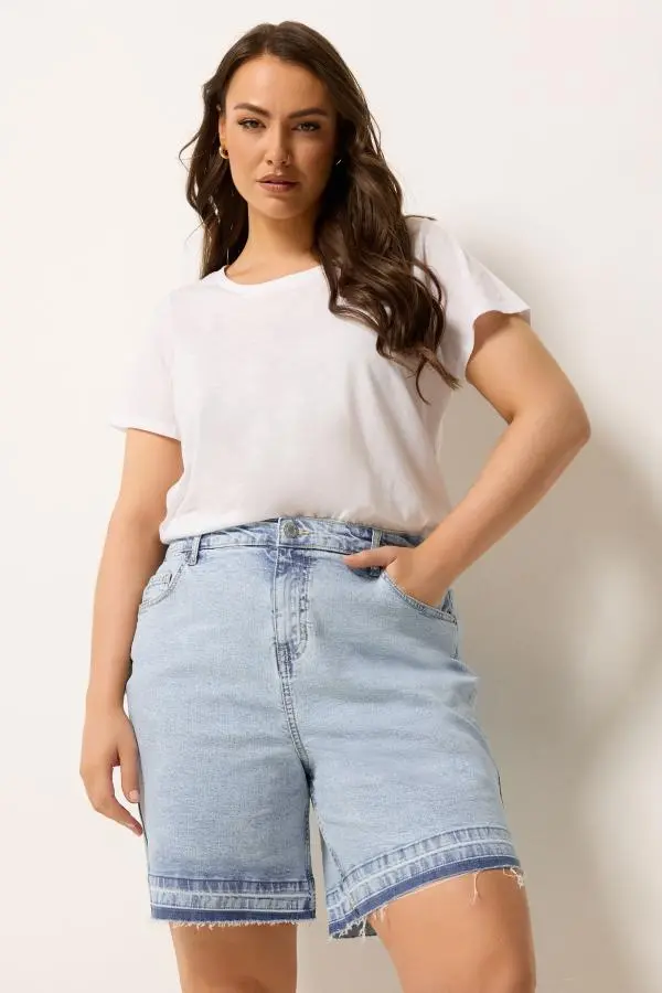 Yours Plus Size Blue Hem Detail Denim Shorts Size 16
