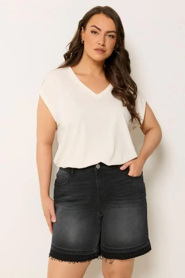 Yours Plus Size Black Hem Detail Denim Shorts Size 16