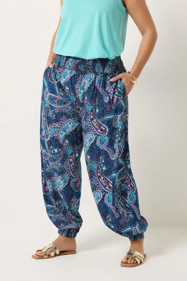 Yours Plus Size Blue Paisley Print Harem Trousers Size 30-32