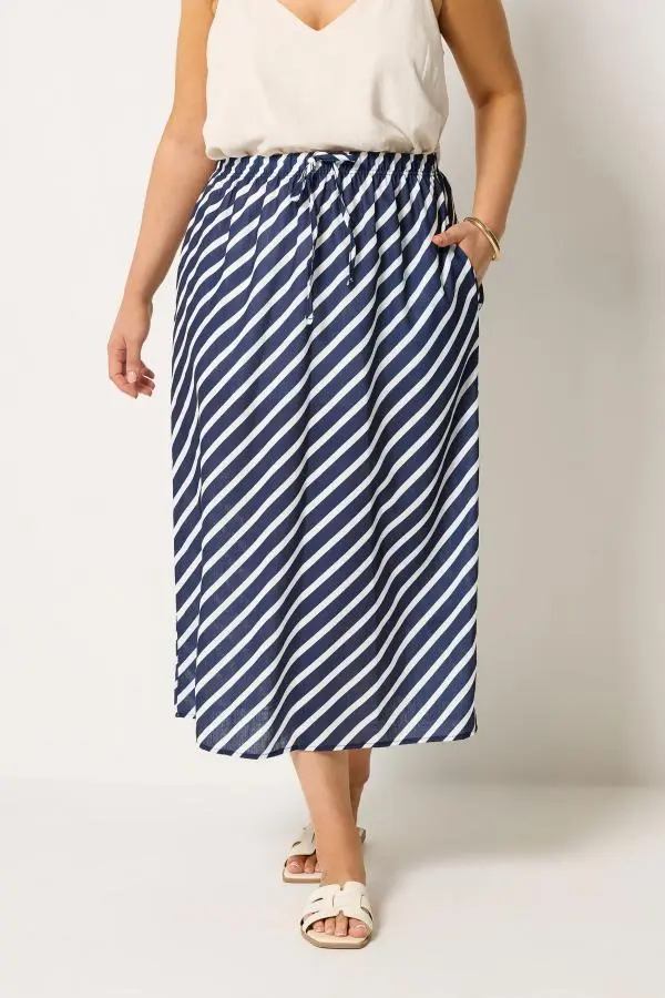 Yours Plus Size Navy Blue Linen Look Stripe Skirt Size 34-36
