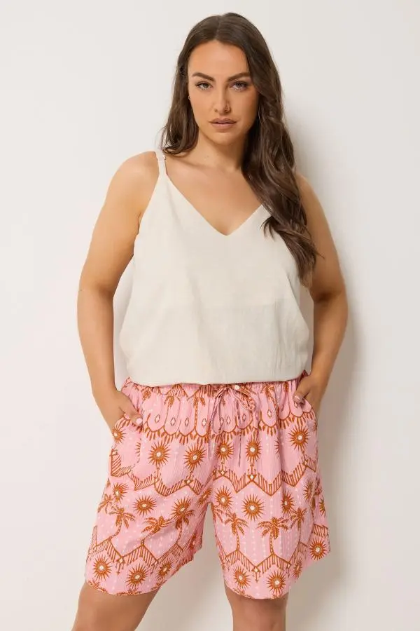 Yours Plus Size Pink Palm Tree Textured Shorts Size 34-36
