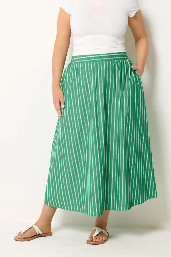 Yours Plus Size Green Stripe Midi Skirt Size 14