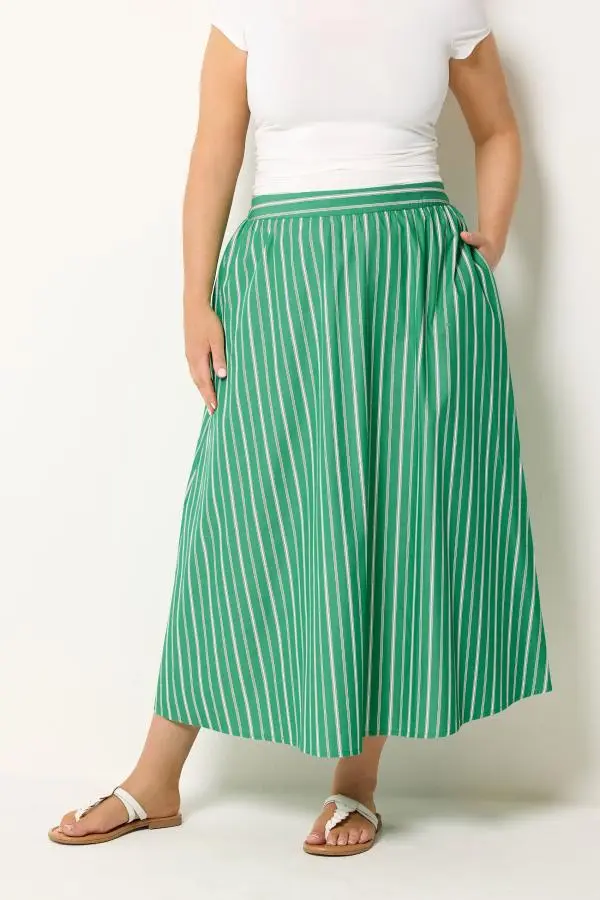 Yours Plus Size Green Stripe Midi Skirt Size 18