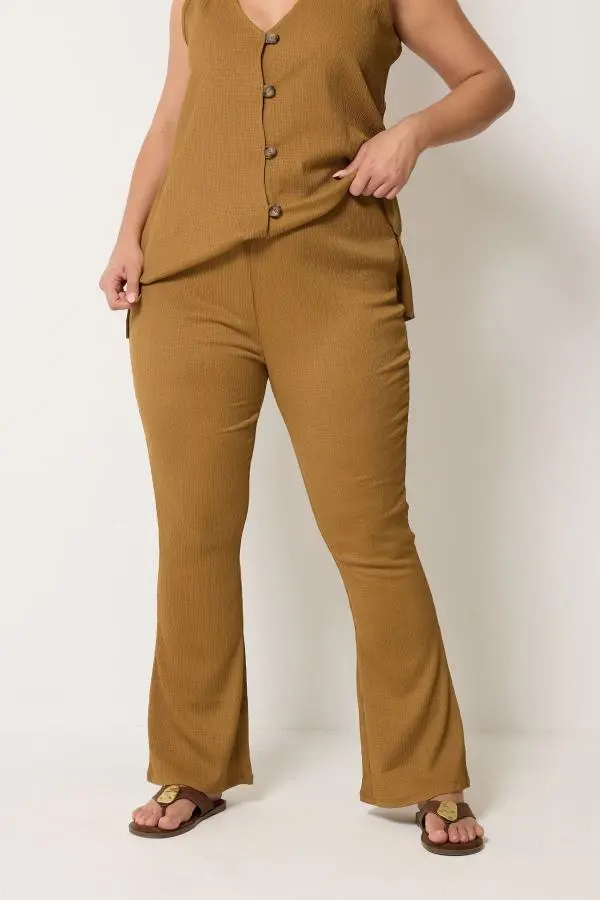 Yours Plus Size Natural Brown Textured Wide Leg Trousers Size Short > 14