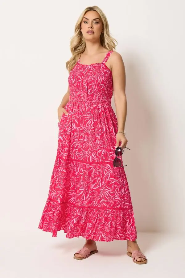 Yours Plus Size Red Leaf Print Tiered Maxi Dress Size 16
