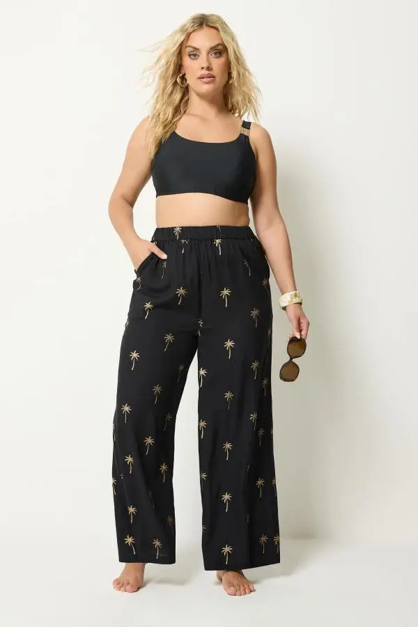 Yours Plus Size Black Foil Palm Tree Beach Trousers Size 22-24