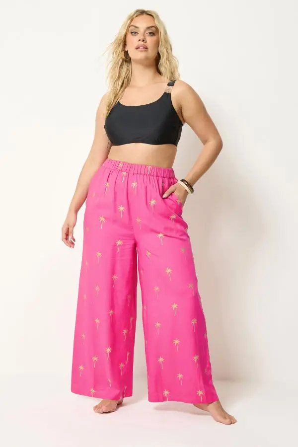 Yours Plus Size Pink Foil Palm Tree Beach Trousers Size 22-24