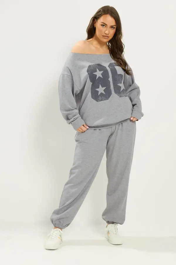 Yours Plus Size Grey '86' Offshoulder Sweatshirt & Jogger Set Size 22-24