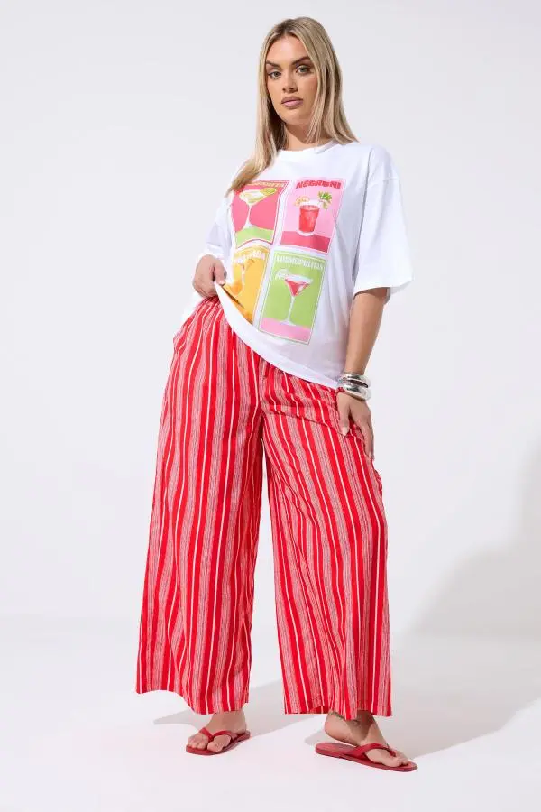 Limited Collection Plus Size Red Striped Crinkle Wide Leg Trousers Size 10