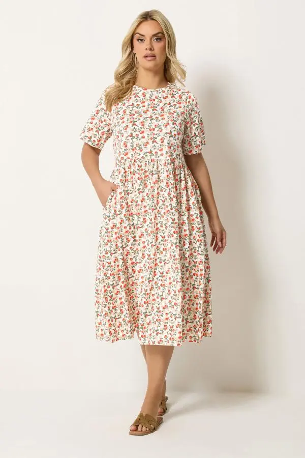 Yours Women's Plus Size White Orange Throw On Smock Dress Size 26-28 | Cotton