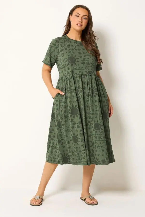 Yours Plus Size Khaki Green Mixed Floral Throw On Smock Dress Size 14