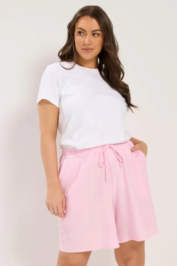 Yours Plus Size Pink Crinkle Jersey Shorts Size 14