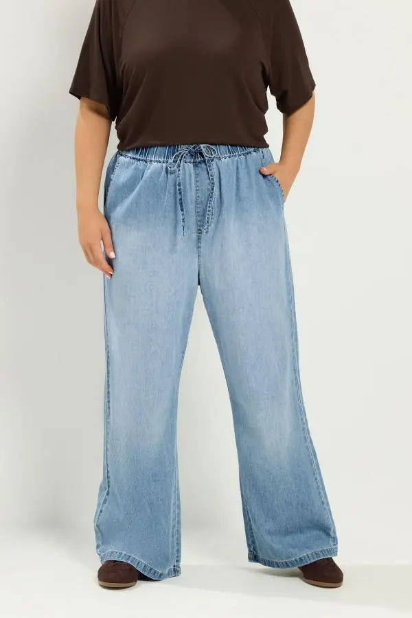 Yours Plus Size Mid Blue Drawstring Wide Leg Jeans Size 14