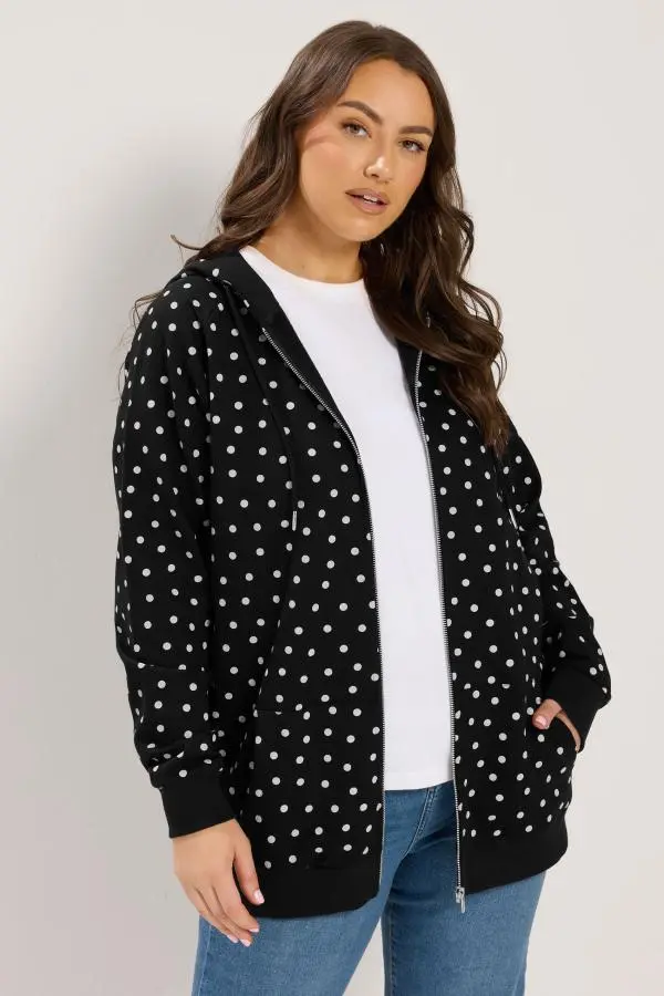 Yours Plus Size Black Polka Dot Zip Through Raglan Hoodie Size 16