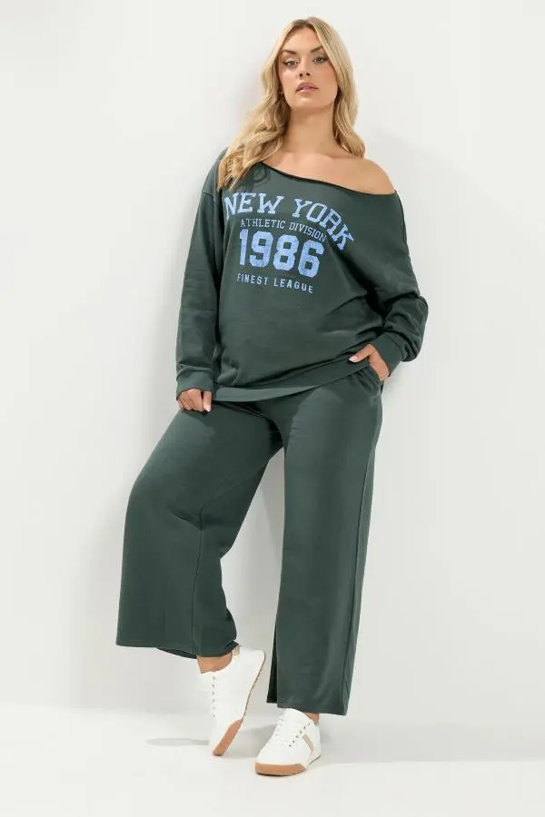 Yours Plus Size Grey 'New York' Off Shoulder Sweatshirt & Jogger Set Size 12