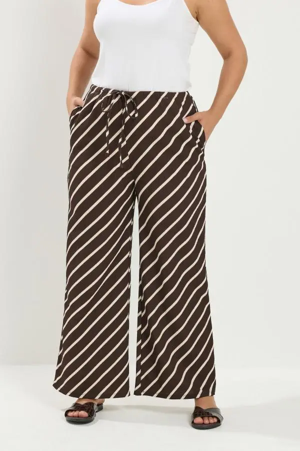 Yours Plus Size Brown Striped Crinkle Wide Leg Trousers Size Regular > 14