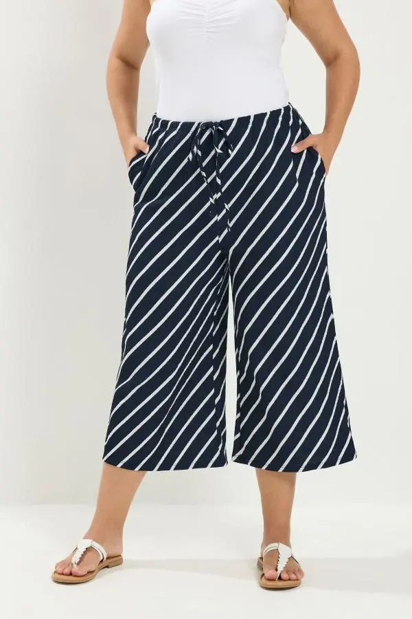 Yours Plus Size Navy Blue Striped Crinkle Culottes Size 14
