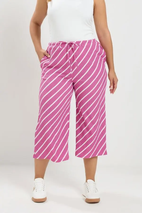 Yours Plus Size Pink Striped Crinkle Culottes Size 12