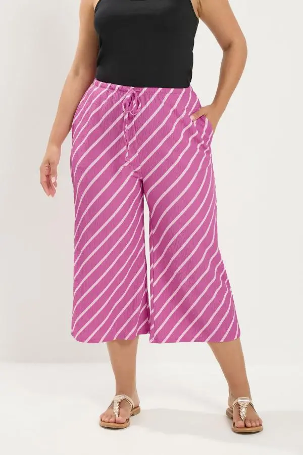 Yours Plus Size Pink Striped Crinkle Culottes Size 14