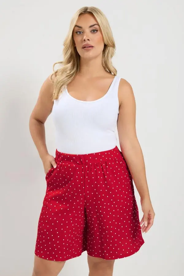 Yours Plus Size Red Polka Dot Crinkle Shorts Size 30-32