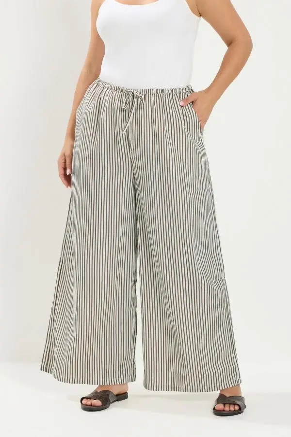 Yours Plus Size Brown & White Striped Wide Leg Trousers Size Regular > 14
