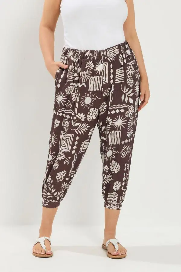 Yours Plus Size Chocolate Brown Floral Cropped Harem Trousers Size 12