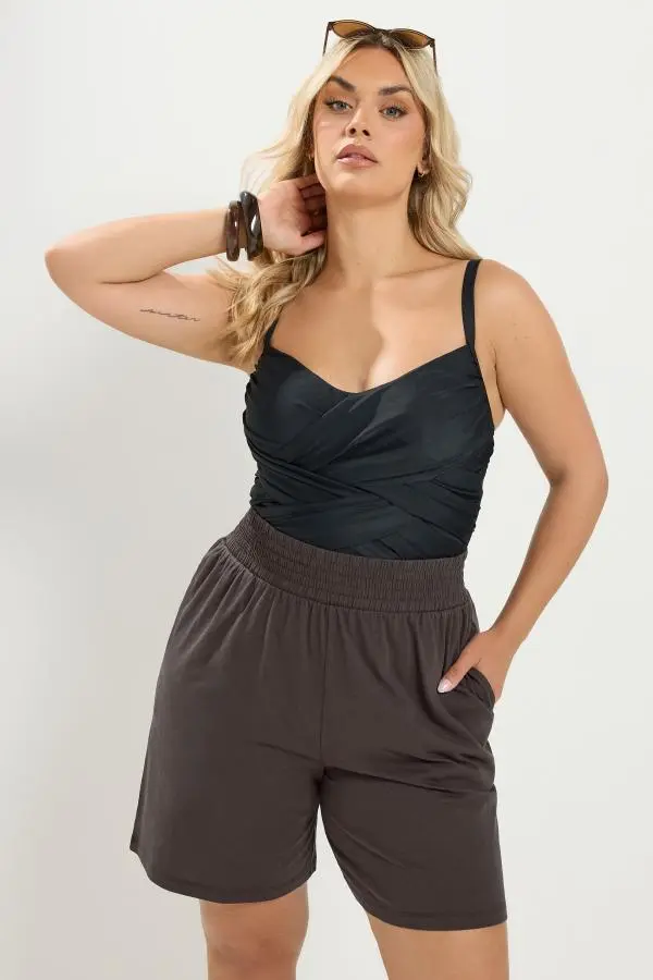 Yours Plus Size Brown Shirred Waist Shorts Size 26-28
