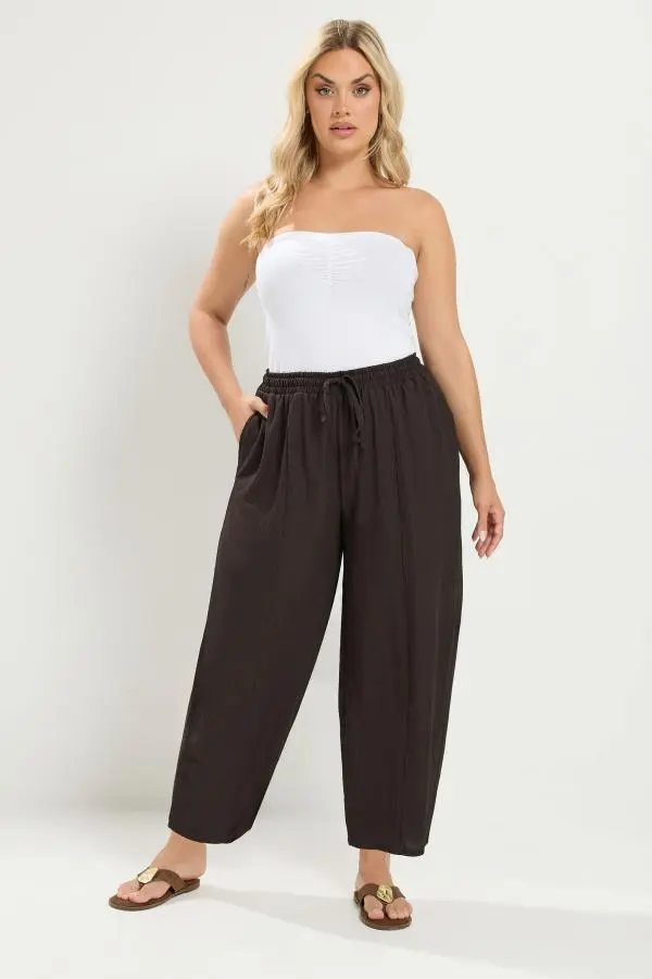 Yours Plus Size Chocolate Brown Crinkle Barrel Trousers Size 22-24