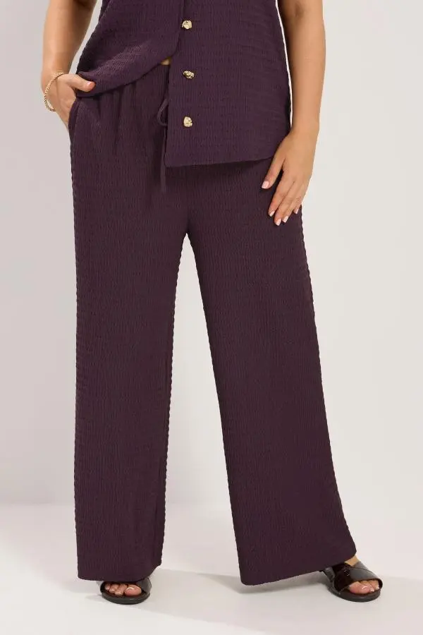 Yours Plus Size Purple Wide Leg Crinkle Trousers Size Short > 34-36