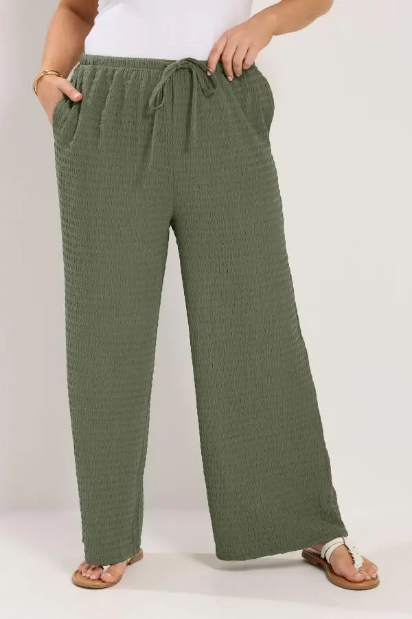 Yours Plus Size Khaki Green Wide Leg Crinkle Trousers Size 18